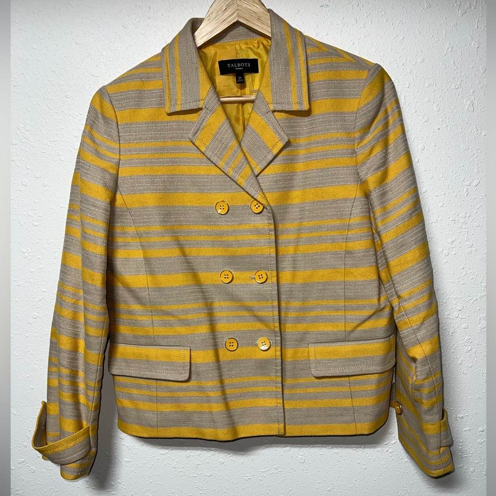 Talbots Womens‎ Career Striped Buttoned Blazer Jacket Mustard Taupe Size 12